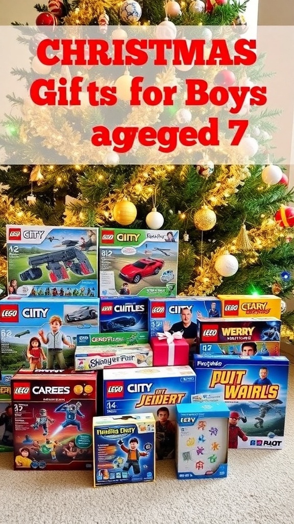 A collection of Christmas gifts for 7-year-old boys, featuring toys and games under a Christmas tree.